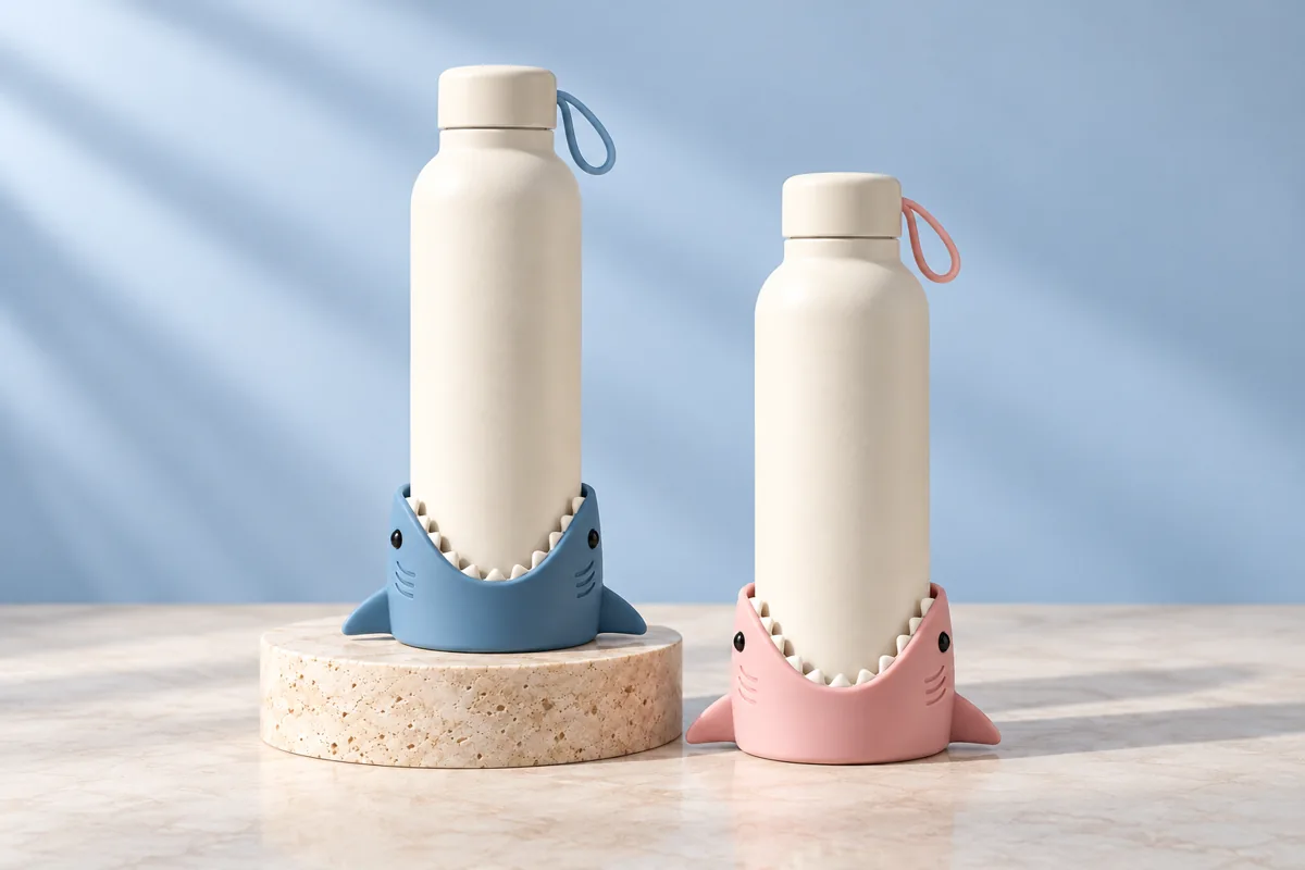 Mockup de duas garrafas com Sharkies azul e rosa