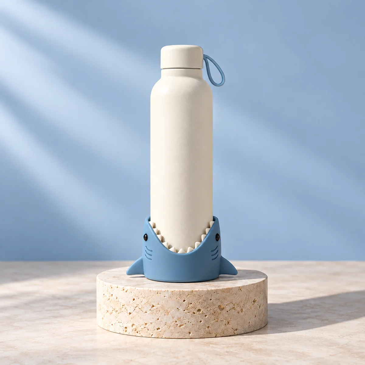 Mockup original de garrafa marfim com proteção de silicone azul em formato de tubarão