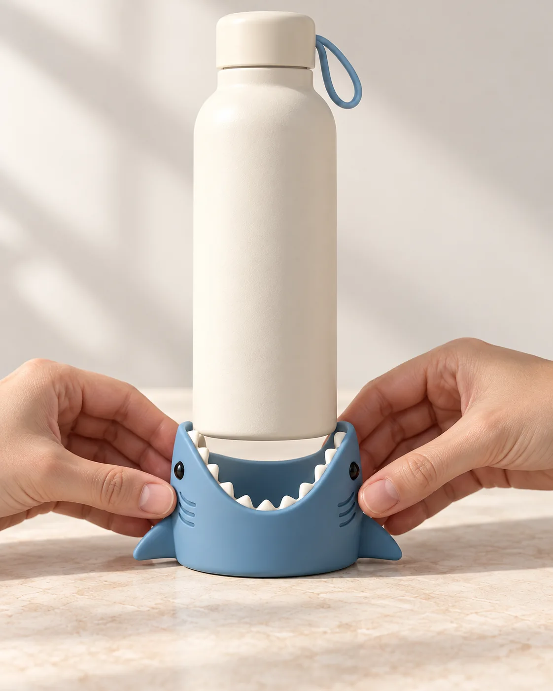 Mockup ilustrando mãos alinhando o Sharkie à base da garrafa