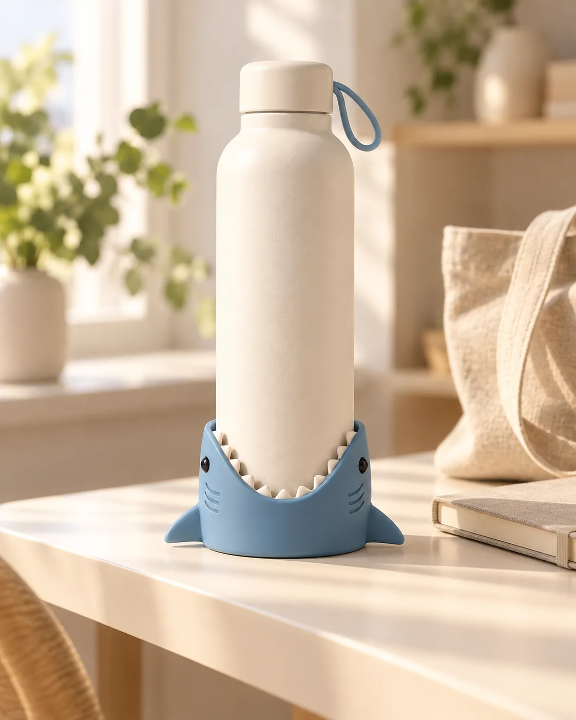 Cena ilustrativa de garrafa com Sharkie azul em uma mesa minimalista